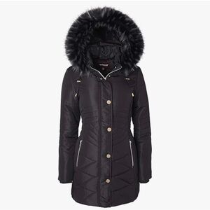 Women Longer Length Plush Lined Quilted Winter Puffer Coat Zip-Off Fur Trim Hood